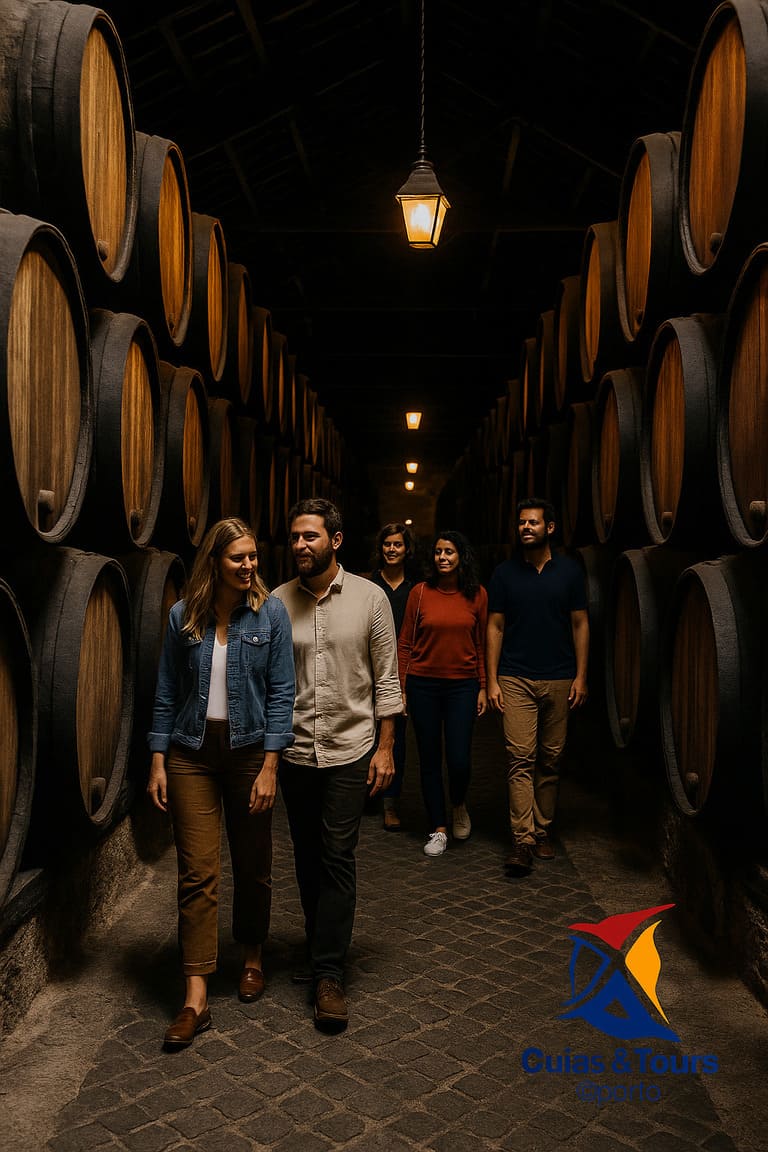 barricas de vino de Oporto en bodega histórica de Vila Nova de Gaia