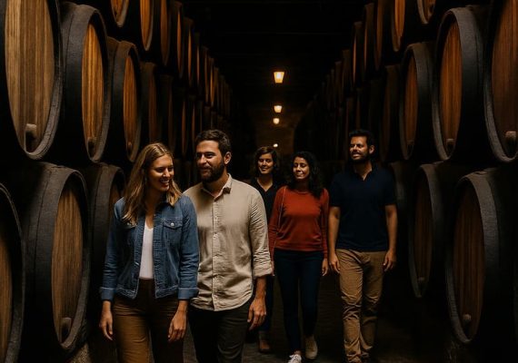 barricas de vino de Oporto en bodega histórica de Vila Nova de Gaia